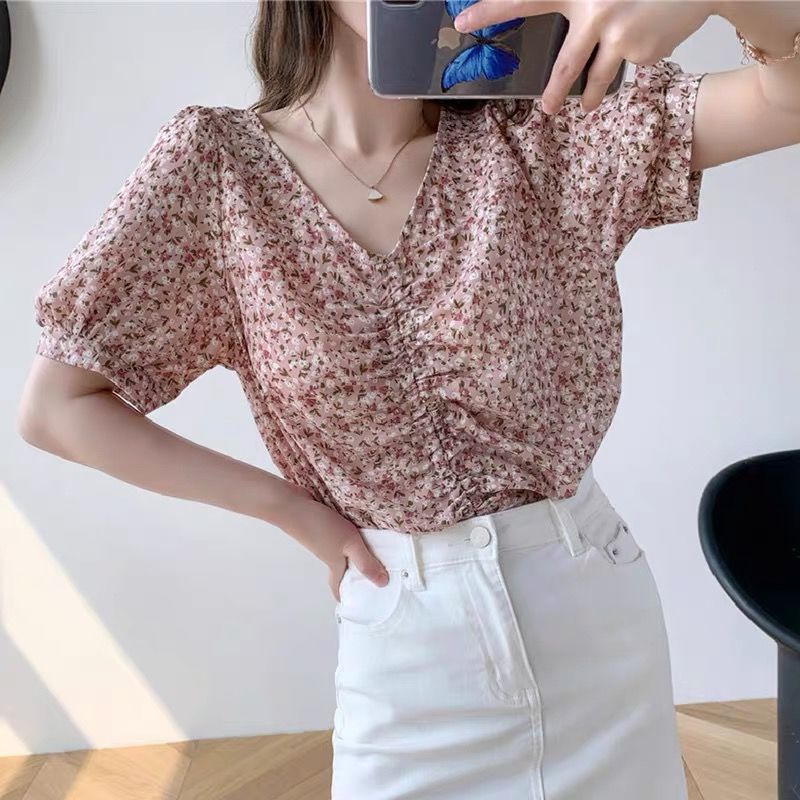 ❤️❤️Áo Sơ Mi Chiffon Tay Ngắn Cổ Chữ V Phối Dây Rút In Họa Tiết Hoa Nhí Xinh Xắn Thời Trang Phong Cách Hàn Quốc Cho Nữ