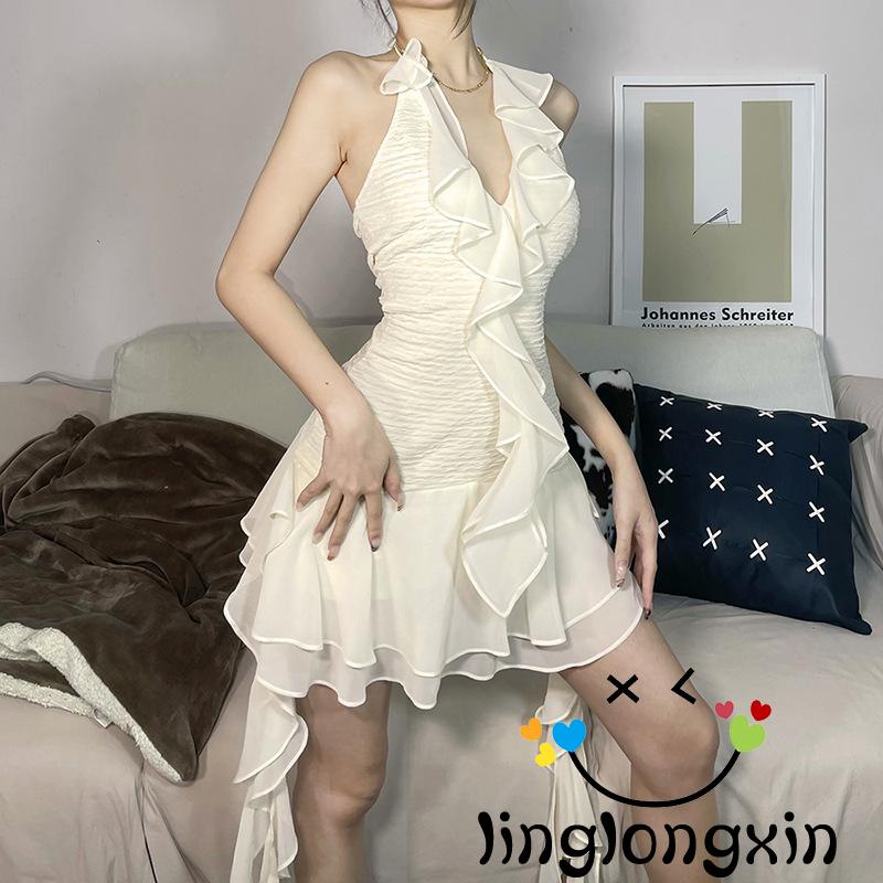 Đầm Không Tay Hở Lưng Màu Trơn Có Dây Buộc Dành Cho Nữ Linglongxi2