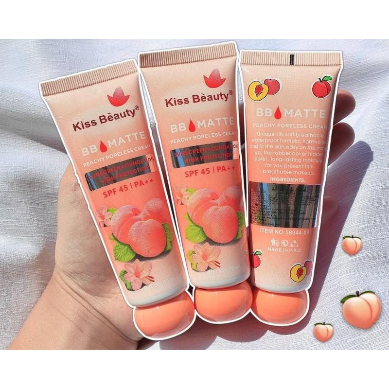 Kem lót nền BB Matte Kiss Beauty đào 50ml, Kem nền Kiss Beauty 2 in 1 che khuyết điểm và kiềm dầu HUBEAUTY