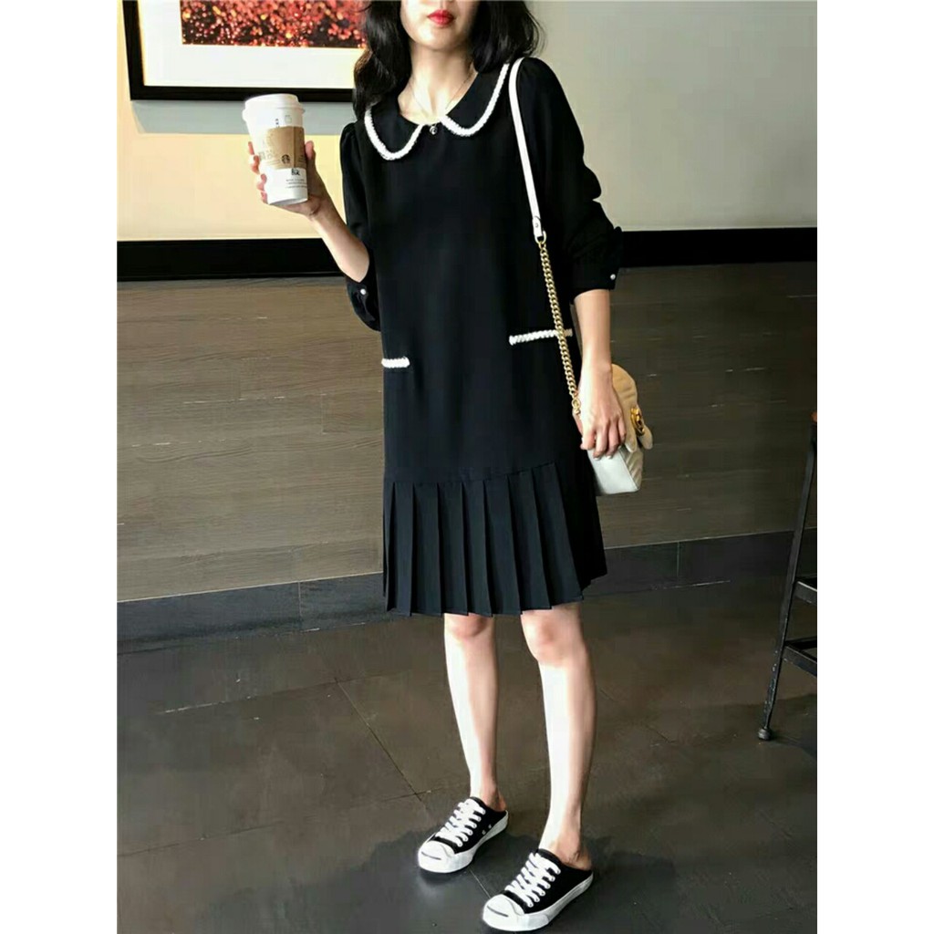 Đầm Bầu Công Sở - Váy Bầu GUME màu đen dài tay viền cổ trắng đuôi cá chất vải sạn lụa size từ 40-100kg MB142_ảnh thật