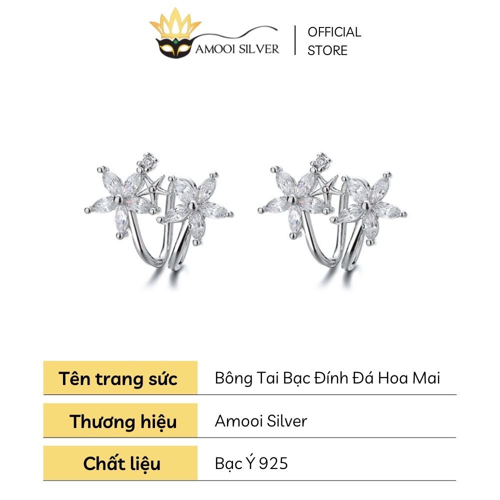 Bông Tai Bạc S925 Mẫu Đôi Hoa 5 Cánh Đính Đá Xinh Xắn - Amooi Silver AB104