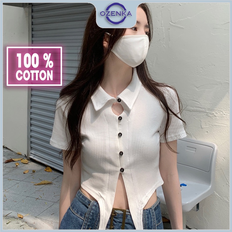 Áo croptop cổ bẻ tay ngắn ôm nữ OZENKA , áo crt roptop kiểu hàn quốc body cài khuy mặc đi học đi chơi  đen trắng