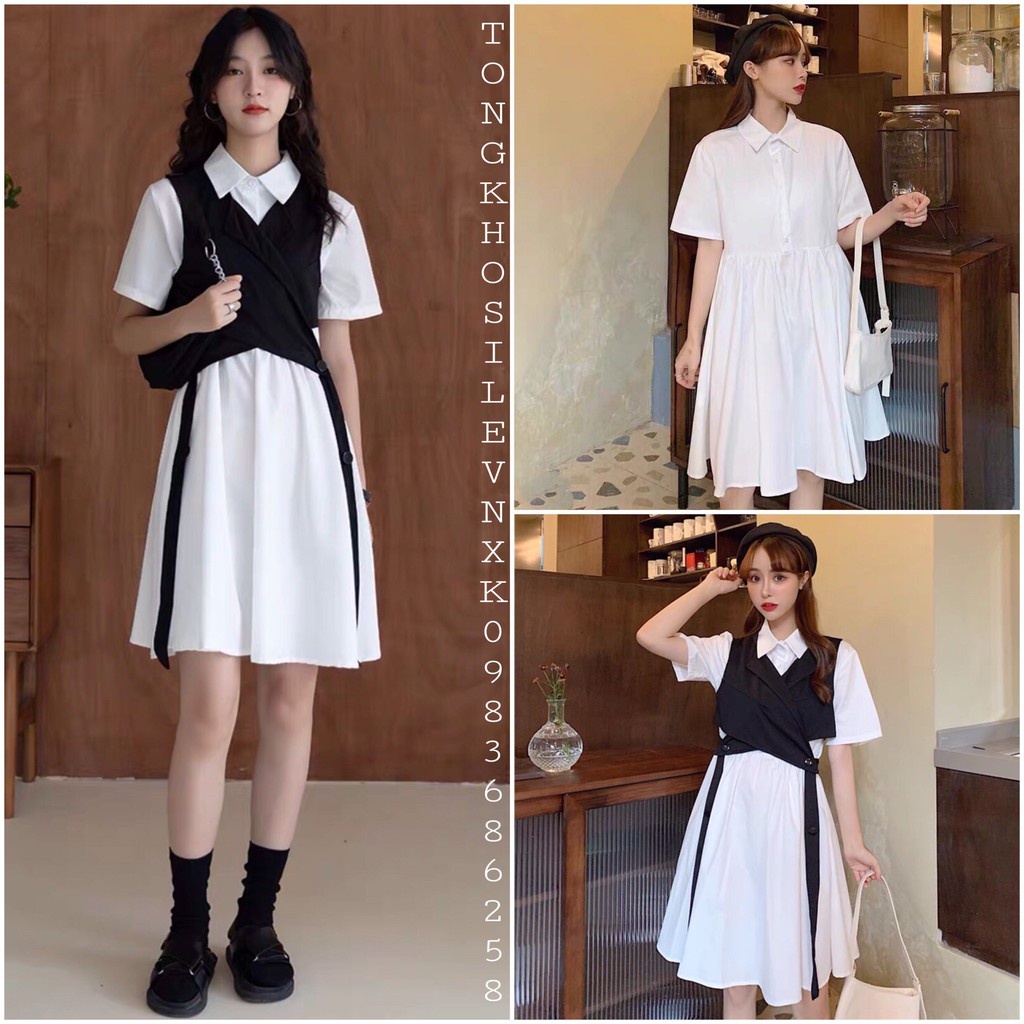 Set Váy Sơ Mi Nữ Sinh Kèm Gile Đen Đai Tách Buộc Dây Unisex - Váy trắng vest đen đan dây chéo Harajuku