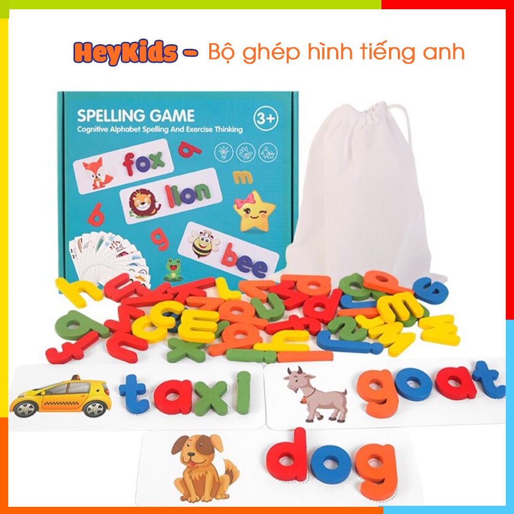 SPELLING GAME, đồ chơi tập đánh vần Tiếng Anh, cho bé học tiếng anh, bằng gỗ, 52 thẻ học ghép chữ, tha hồ sáng tạo