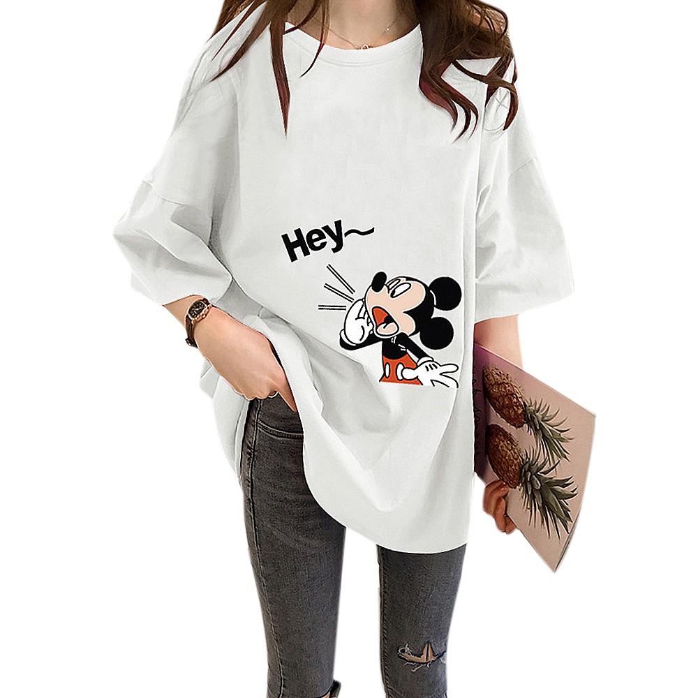 Áo Thun Ngắn Tay Dáng Dài Rộng In Hình Chuột Mickey Kiểu Hàn Quốc