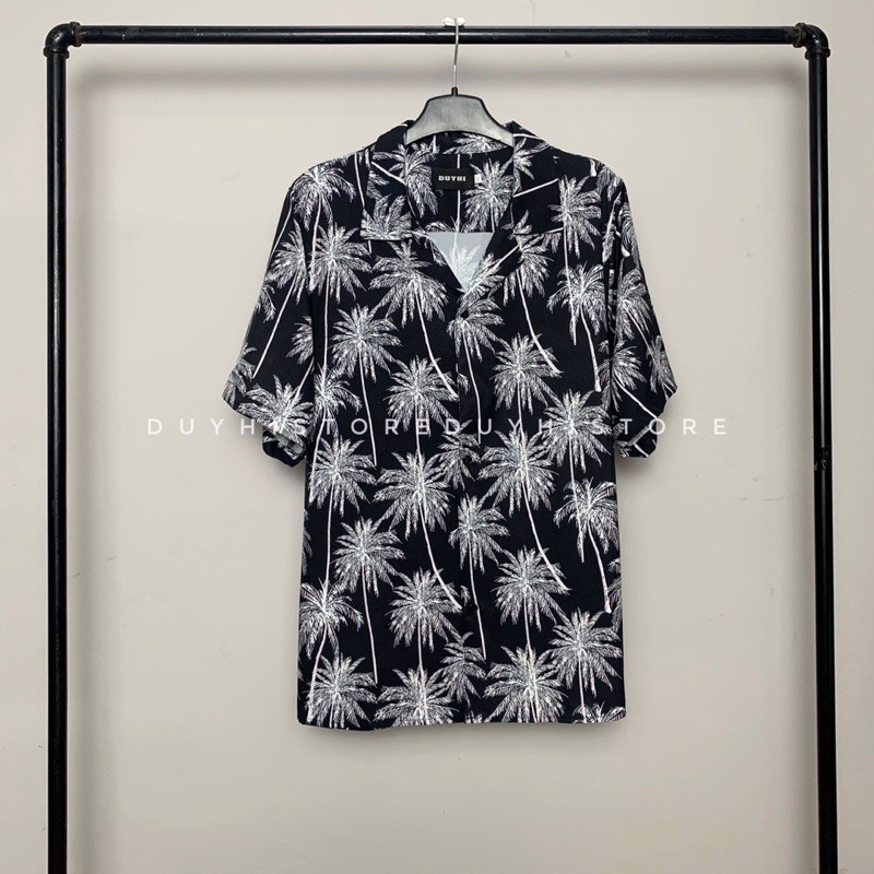 Áo sơ mi cộc tay DỪA ĐEN họa tiết unisex form rộng | DUYHI | Ảnh thật