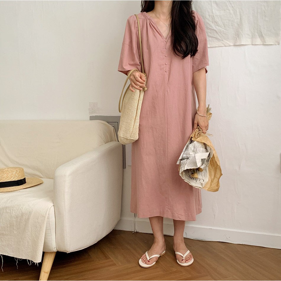 Đầm Maxi Ngắn Tay Cổ Chữ V Trơn Màu Xinh Xắn Kiểu Pháp 35176 Dành Cho Nữ