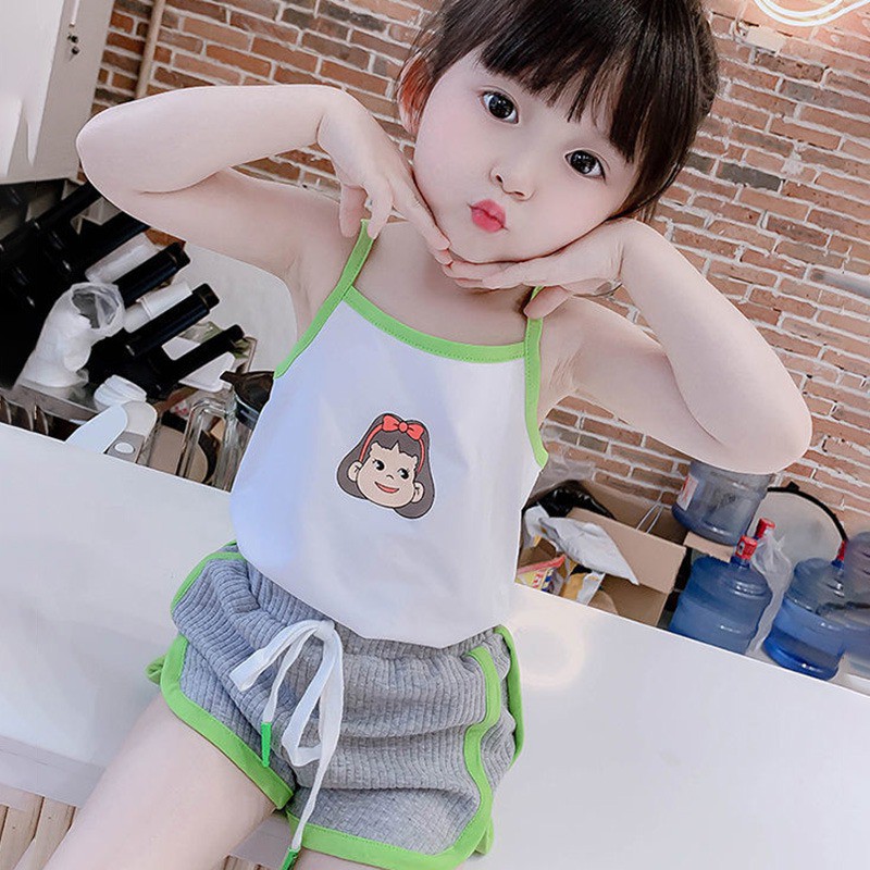 Set áo hai dây in họa tiết hoạt hình và quần đùi phong cách Hàn Quốc thời trang mùa hè dành cho bé gái