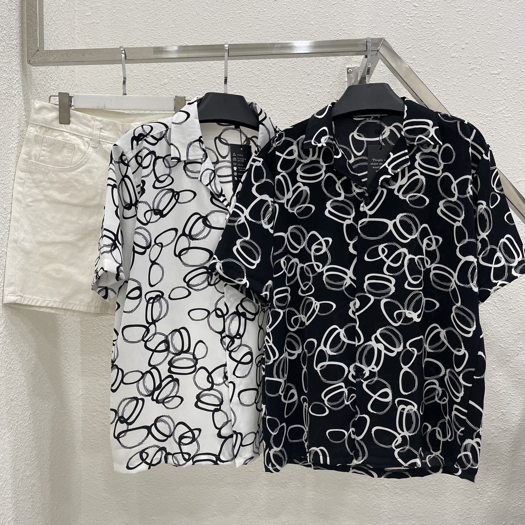 Áo sơ mi tay ngắn hoạ tiết còng tay vải lụa mango áo cuban shirt ngắn tay cổ vest mùa hè