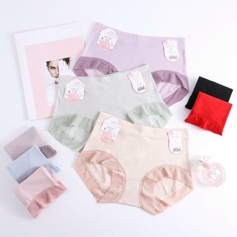 Quần Lót nư, Quần lót cotton đại viền ren lưng cao 50-70kg Q249