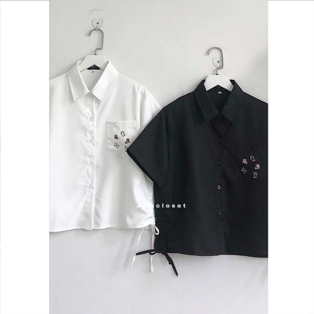 Áo Sơ Mi Croptop Nữ Dây Rút Áo Croptop Nữ Form Rộng Phong Cách Ulzzang Dễ Thương KOS Có 2 Màu Trắng Đen 10045