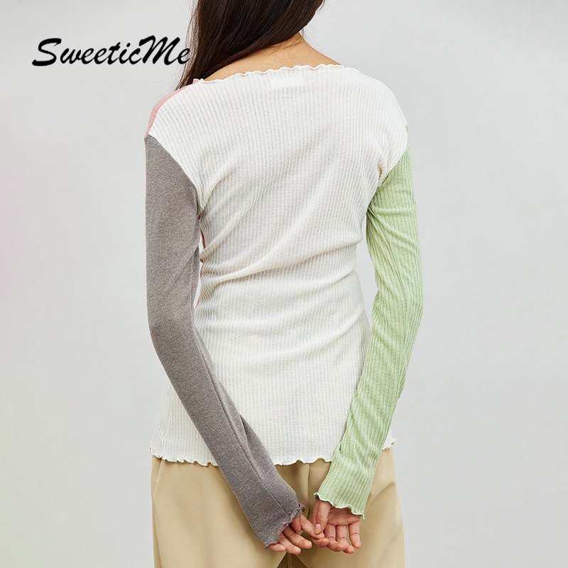 Áo Thun Sweeticme Tay Dài Phối Màu Đối Xứng 2021