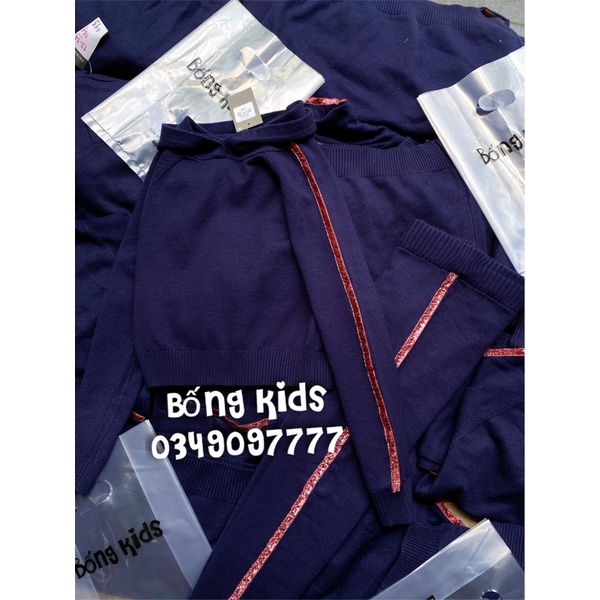 Bộ Len Hoodie Bé Gái Phối Sọc Nhũ Navy PR