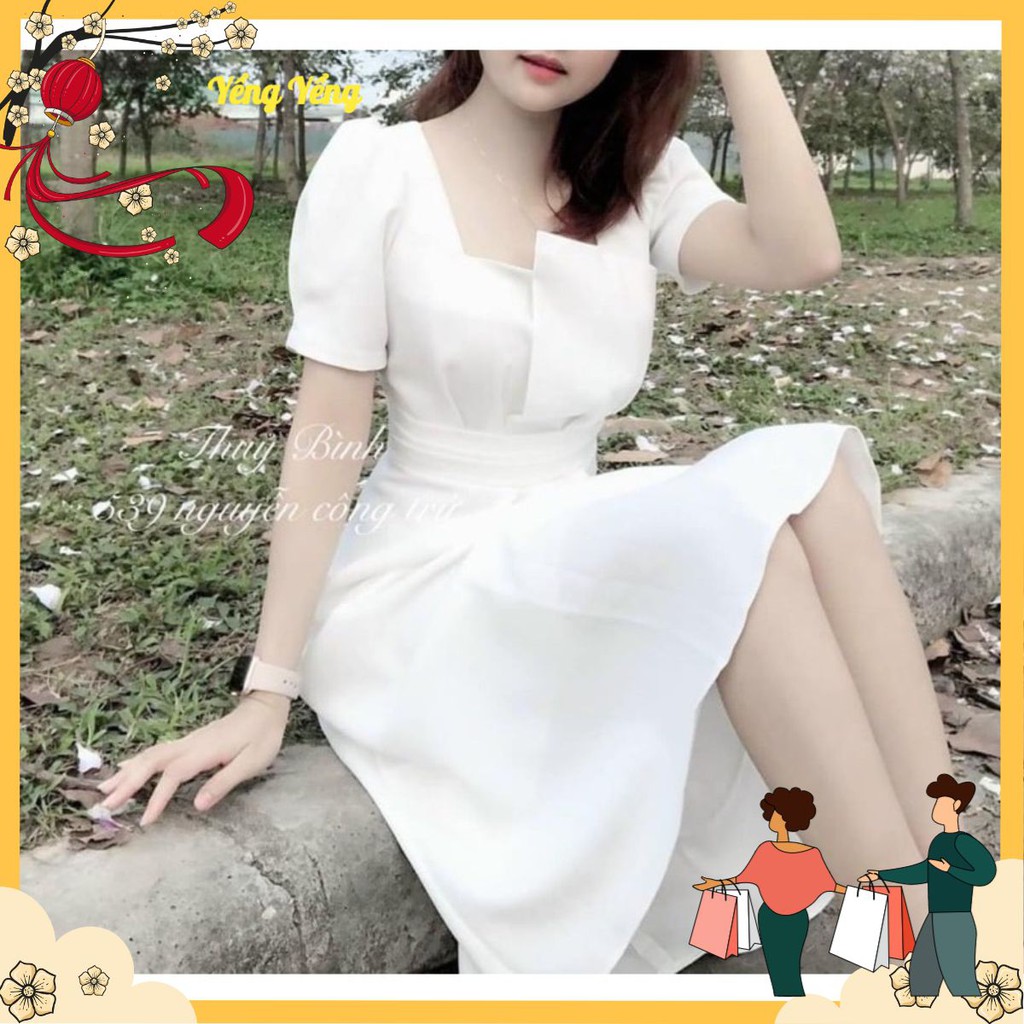 VNU254 - VÁY XẾP HỞ NGỰC CÁCH ĐIỆU ĐAI EO CỘC TAY