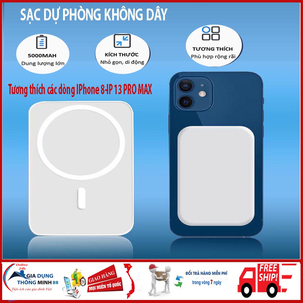 💥CÔNG NGHÊ MỚI💥Sạc Dự Phòng ko dây Sạc Nhanh Pin 5000mah Mini Nhỏ Gọn Cao Cấp Hỗ Trợ Từ Cho IP8/X/11/12
