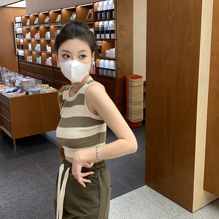 SUXI Áo Dệt Kim Sát Nách Cổ Tròn Dáng Ôm Họa Tiết Kẻ Sọc Thời Trang Mùa Hè Dễ Phối Đồ Cho Nữ