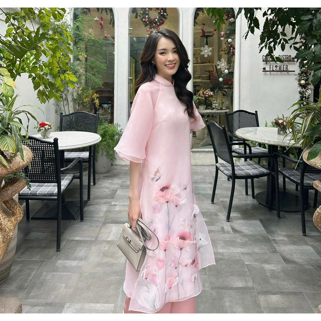 Áo dài cách tân thiết kế chất liệu tơ organza đính kết cao cấp - Shop áo dài Thu Hà Silk - TH69