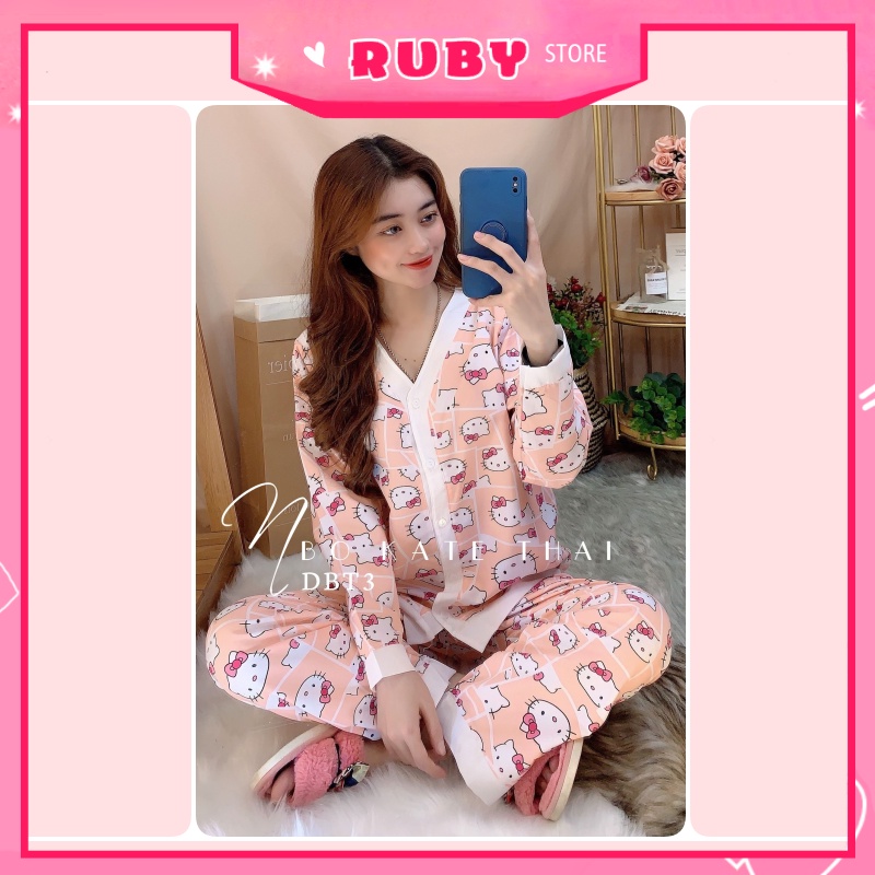 Đồ bộ pijama tay dài quần dài cổ V Kitty dễ thương chất kate mềm mịn mát ❤ Rubystorevn