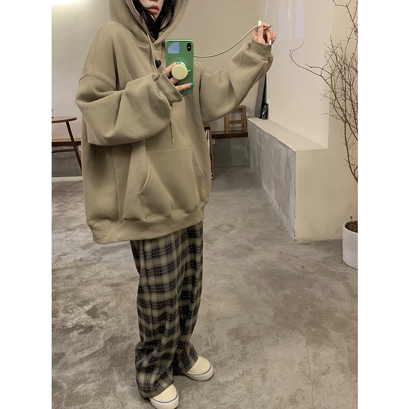 Áo hoodie tay dài dáng rộng màu nâu kaki in họa tiết trái tim thời trang mùa thu 2022 mới