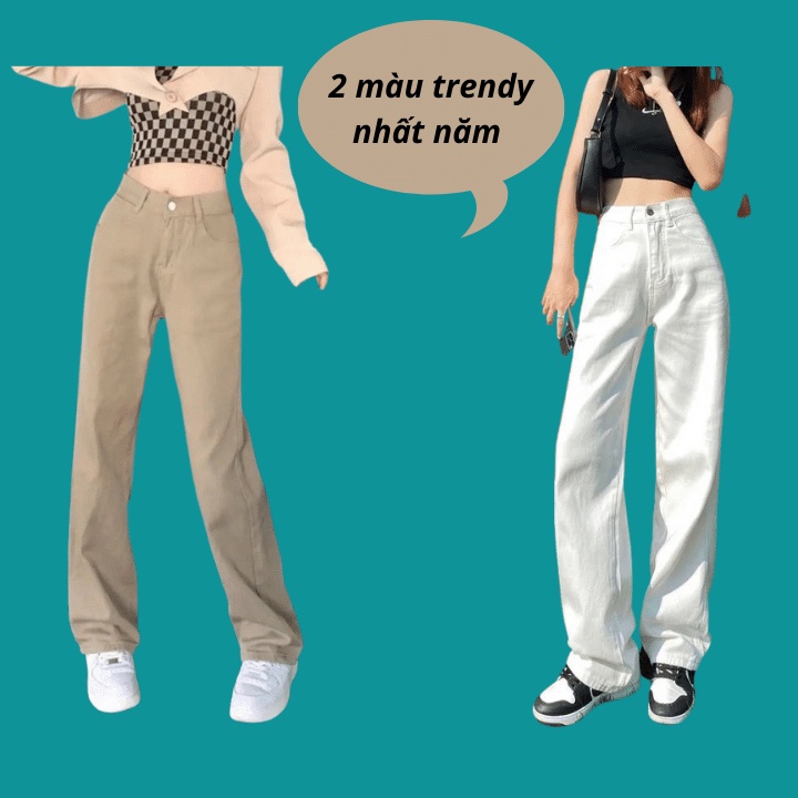 Quần jean nữ/Quần bò ống suông lưng cao phong cách ulzzang chất liệu jean mềm đẹp màu nâu be siêu hot RÔ STORE QD36