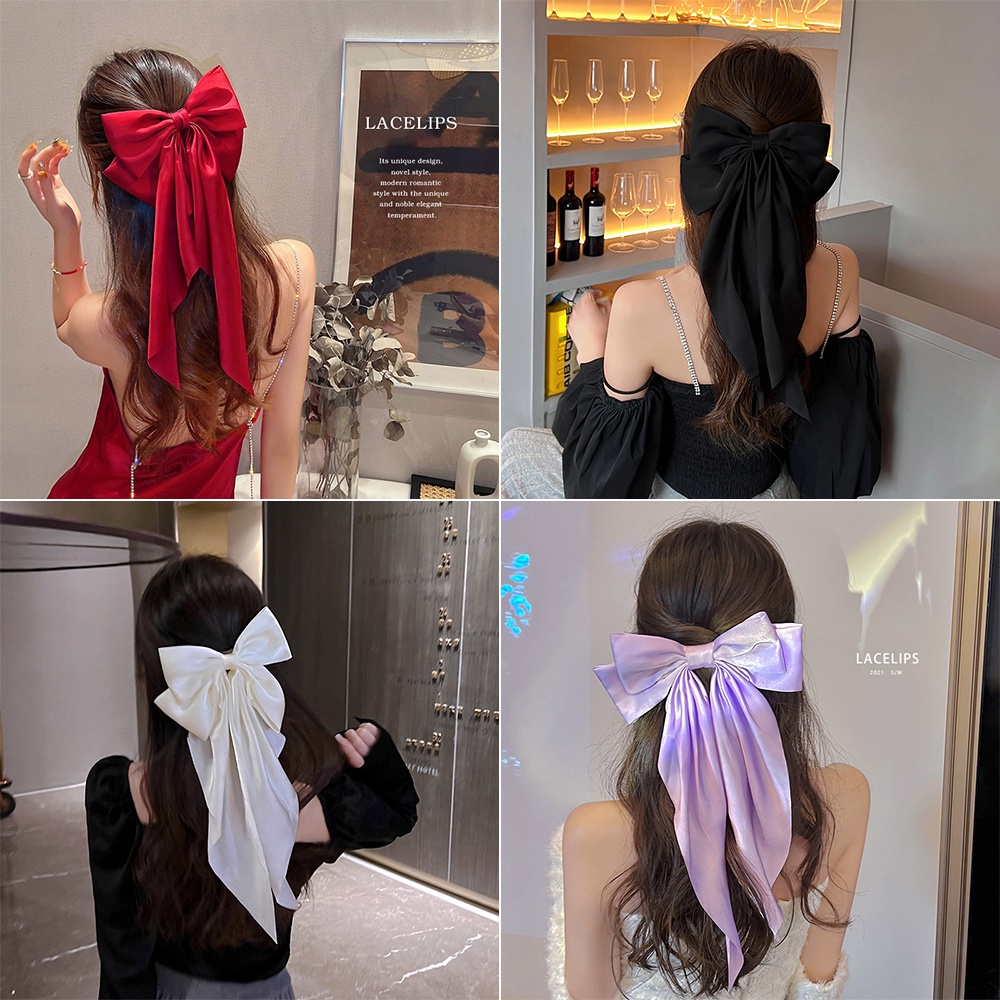 Kẹp tóc AY đính nơ lớn vải lụa màu trơn tua rua thời trang đơn giản thanh lịch dành cho nữ