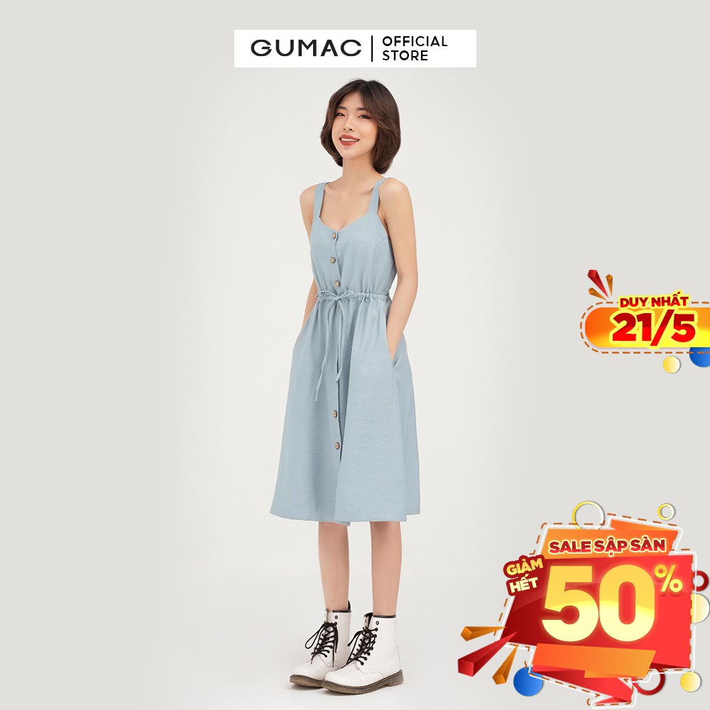 Đầm 2 dây nữ nẹp nút GUMAC phong cách vintage, màu ghi đủ size DB430