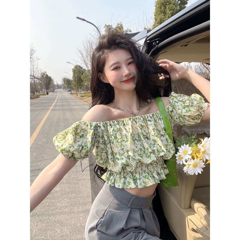 Áo Kiểu Pháp Hở Vai Tay Ngắn In Hoa 2022 Thời Trang Cho Nữ