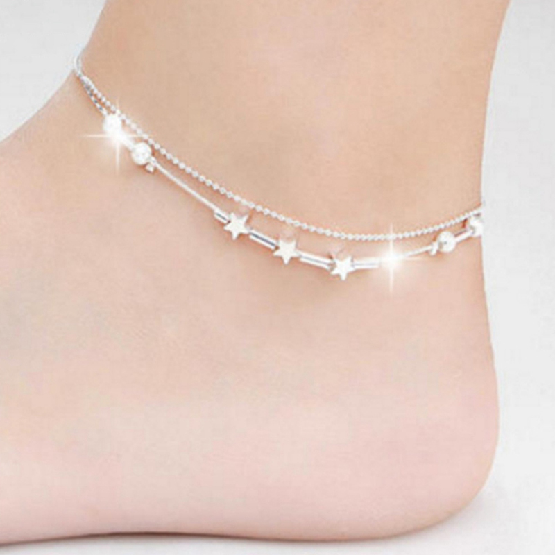 Lắc đeo chân hai lớp hoạ tiết ống tròn và ngôi sao năm cánh đơn giản xinh xắn | BigBuy360 - bigbuy360.vn