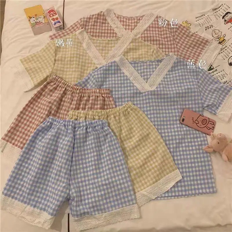 Đồ ngủ nữ cộc tay pijama, Đồ bộ nữ cộc tay dễ thương mùa hè chất mát kẻ caro | BigBuy360 - bigbuy360.vn