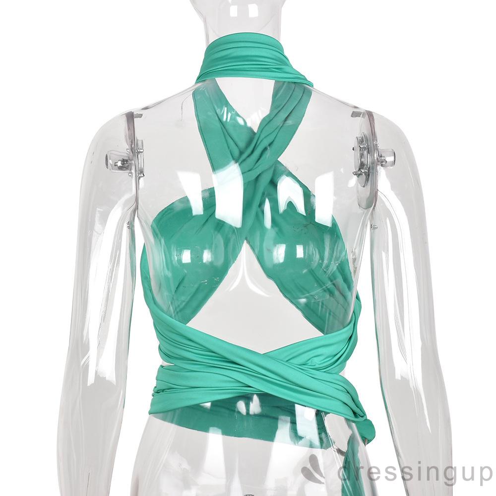 DRE-Women´s Cross Halter Bandage Side Ring Buckle Fixed Halter Summer Tops