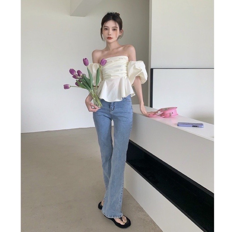 Áo ống nhún ngực trễ vai tay bồng tiểu thư sang chảnh alohashop91