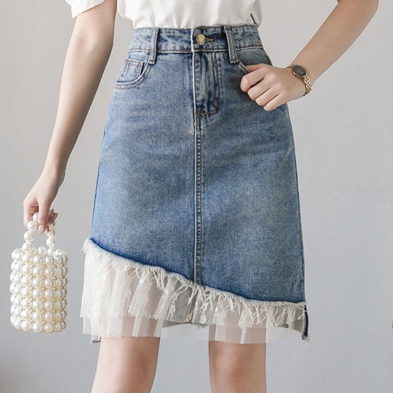 Chân Váy Denim Chữ a Lưng Cao Phối Ren Phong Cách Hàn Quốc Dễ Phối Đồ Thời Trang Cho Nữ
