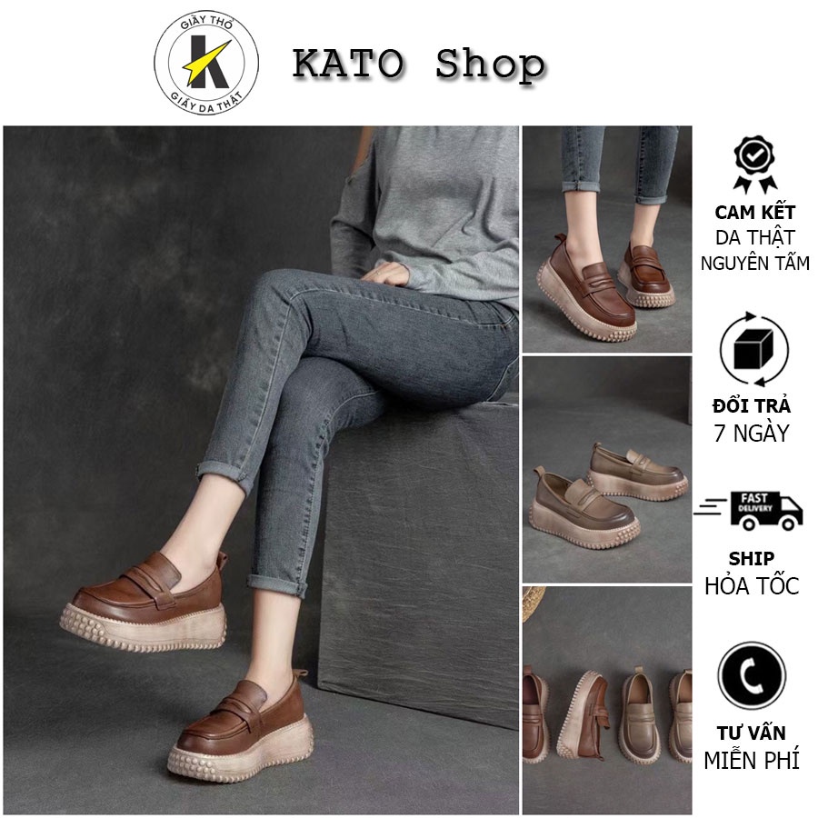 Giày Lười Moca Nữ - Da Thật Đế Bánh Mỳ Dày 5 Phân Cm - Tôn Dáng - 2 Màu Nâu Nhạt Nâu Đậm - KATO Shop K637