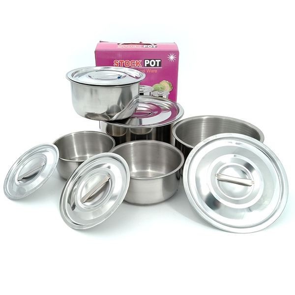 Bộ 5 Thố Inox Stock Pot Không Quai Có Nắp Đậy Đủ Kích Thước Cao Cấp