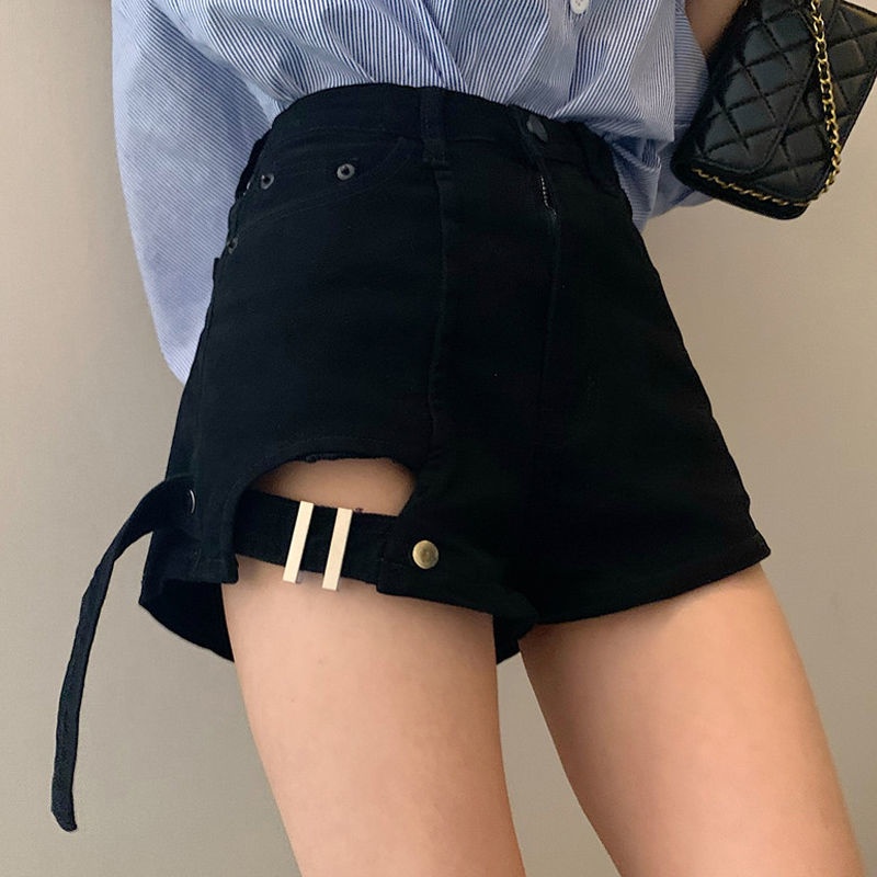 Jiashucheng Quần Short Denim Chữ a Lưng Cao Ống Rộng Rách Gối Phong Cách Mới Mùa Hè Cho Nữ