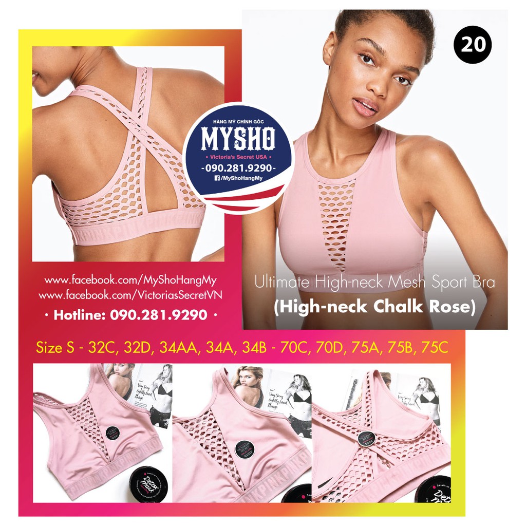 Áo tập, áo lót thể thao (20) Ultimate High-neck màu hồng phối lưới, không mút, hàng nhập Victoria's Secret, Size S