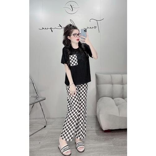 Đồ bộ nữ áo thun phối quần thun gân ống suông đứng, phom rộng thời trang