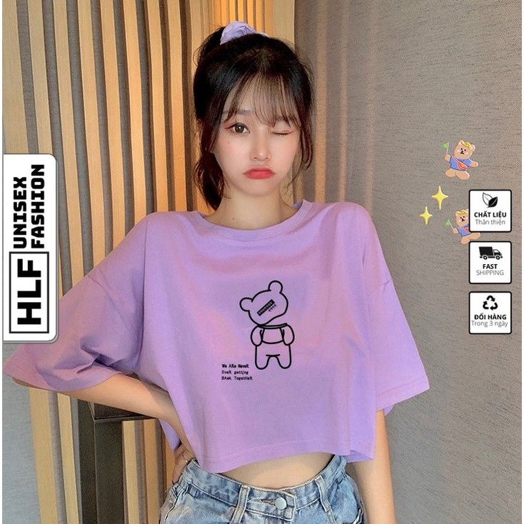 Áo croptop tay lỡ nữ gấu QQQ we are never, áo thun nữ HLFashion