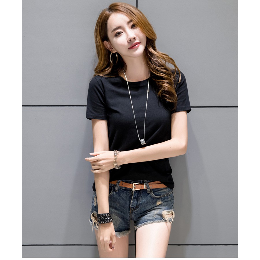 áo thun nữ cổ tim cổ tròn xinh xắn cộc tay ( màu đen)