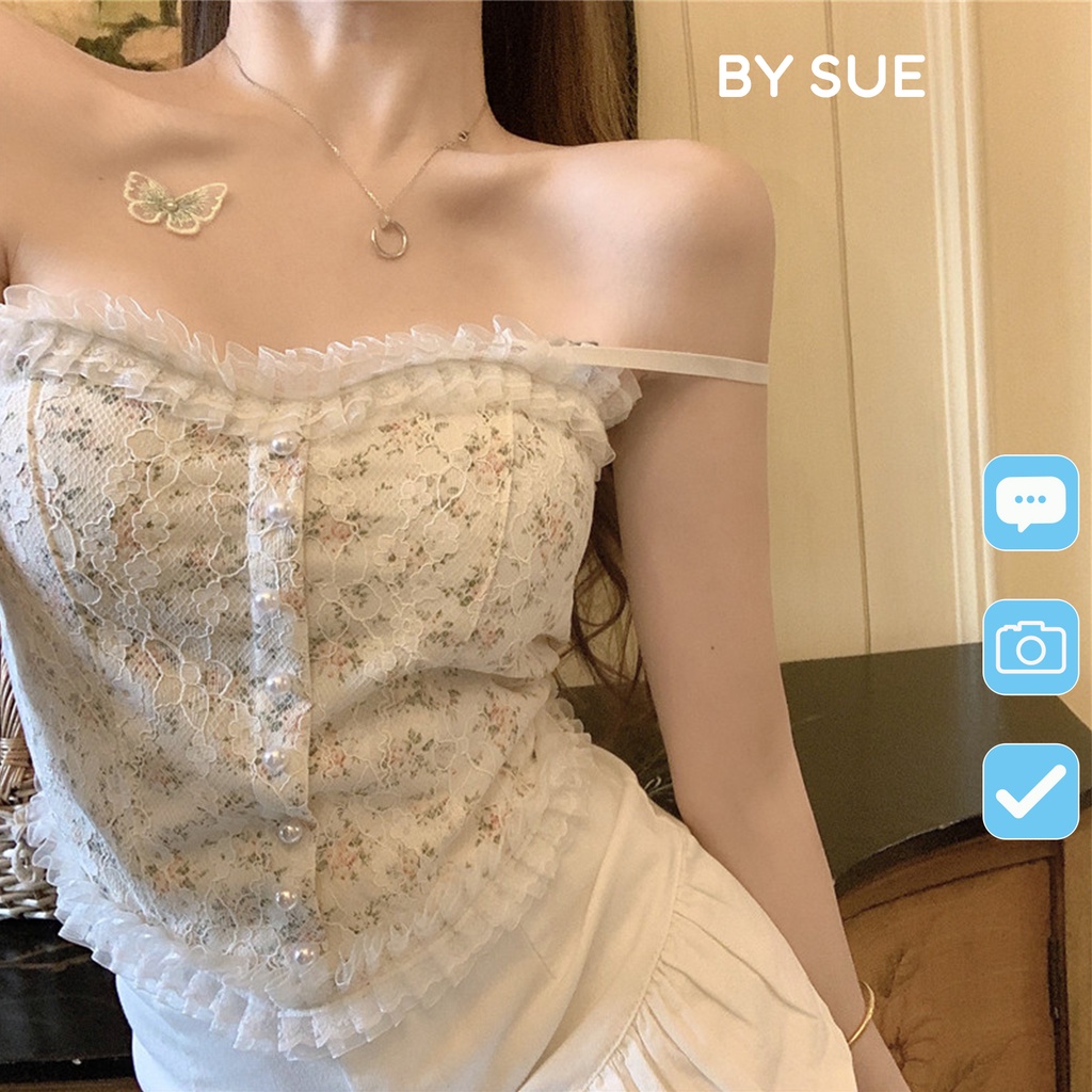 Áo bra 2 dây dáng croptop hoa nhí phối ren tiểu thư phong cách Hàn Quốc BY SUE AB16