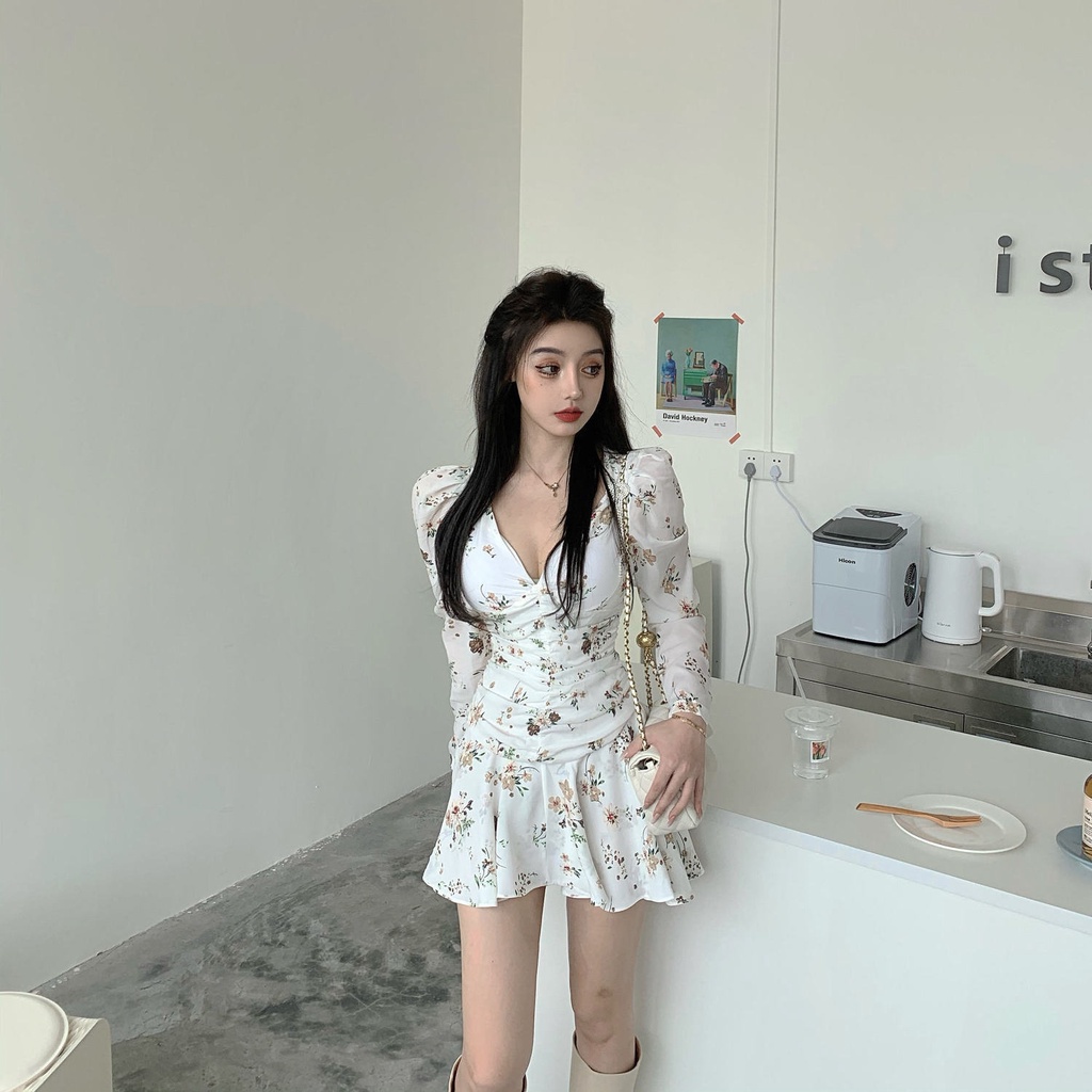 Đầm nữ cổ chữ V in hoa phong cách retro kiểu mới