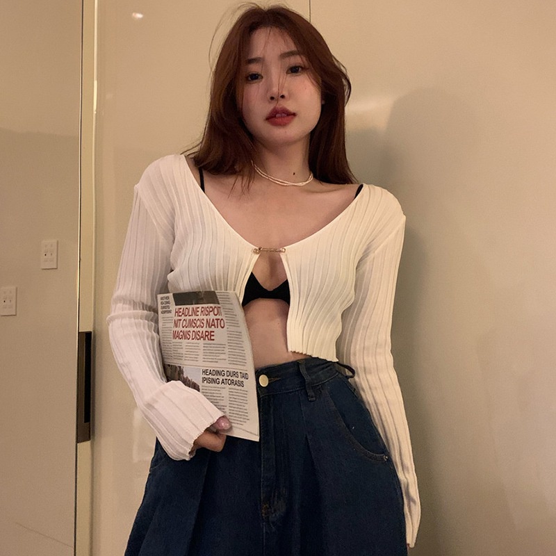 Áo cardigan MURIOKI ngắn ôm dáng cổ chữ V tay dài phong cách thời trang 2022 cho nữ