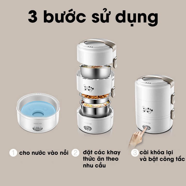 Hộp cơm cắm điện giữ nhiệt, hộp cơm văn phòng hâm nóng và nấu chín 3 tầng lõi inox không gỉ