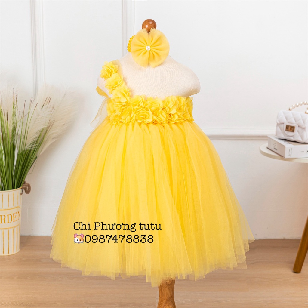 Đầm công chúa cho bé / đầm tutu công chúa vàng hoa dây 1 vai xinh xắn