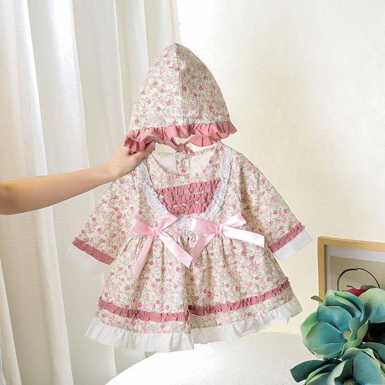 Váy hoa phong cách Lolita cho bé gái tặng kèm mũ bèo tiểu thư cho bé diện thôi nôi, chụp ảnh