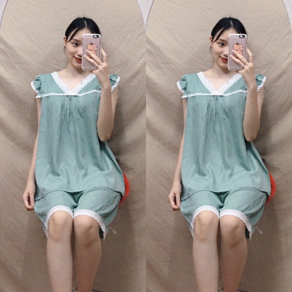 Bộ bầu Lửng cổ V, chất lụa chéo thái siêu mềm mát cho bà bầu mặc nhà mùa hè