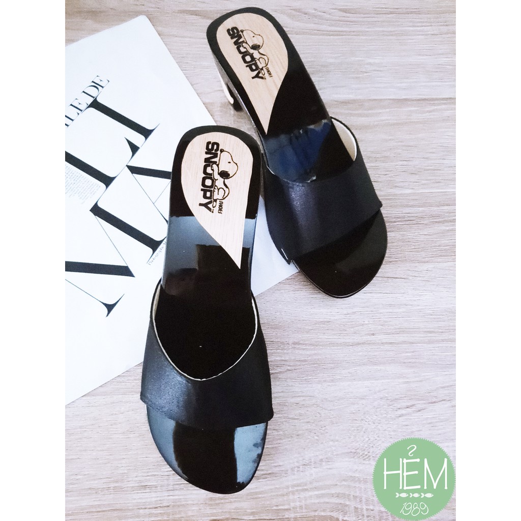 Guốc gỗ gót vuông 6 phân snoopy, quai vải nhiều mẫu