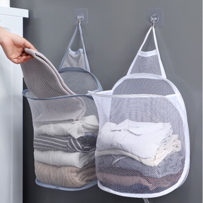 Túi lưới đựng quần áo bẩn chờ giặt (tặng kèm 2 móc treo dán tường) Giỏ đựng đồ dơ Móc treo phơi đồ Túi giặt tiện dụng | BigBuy360 - bigbuy360.vn