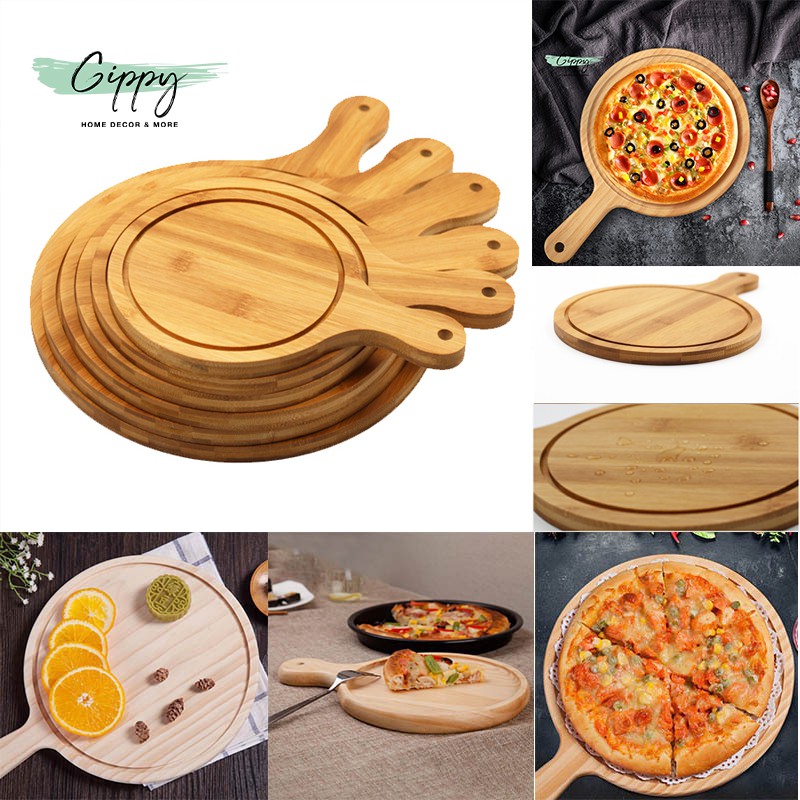 Khay gỗ tre đựng bánh pizza, khay gỗ tròn có tay cầm - Gippy Decor