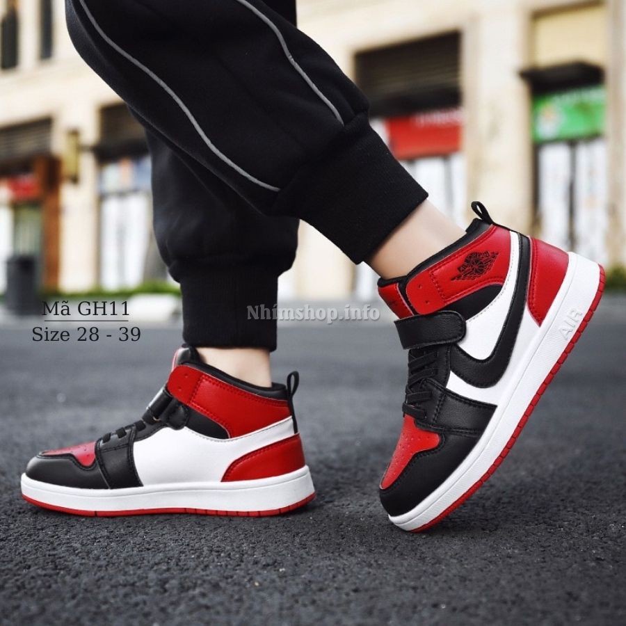 Giày cổ cao jordan dáng thể thao sneaker cho bé trai màu đỏ đen da mềm êm bám tốt đi học chạy bộ trẻ em 4 - 12 tuổi GH11